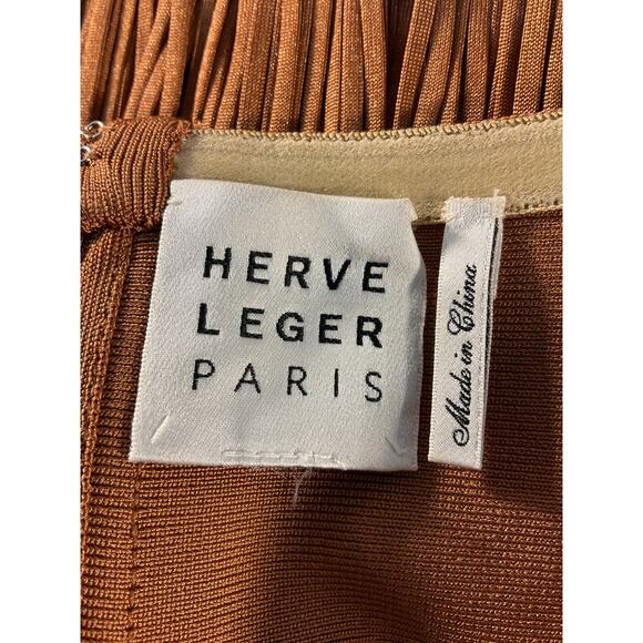 Herv� L�ger 'Draped' Brown Fringe One Shoulder Gown Size L - Picture 5 of 6